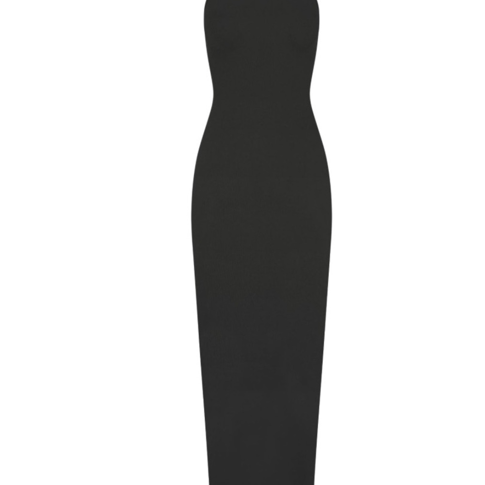 SKIMS Black Sheath Cocktail Dress with Halter Neckline and Sleeveless Design